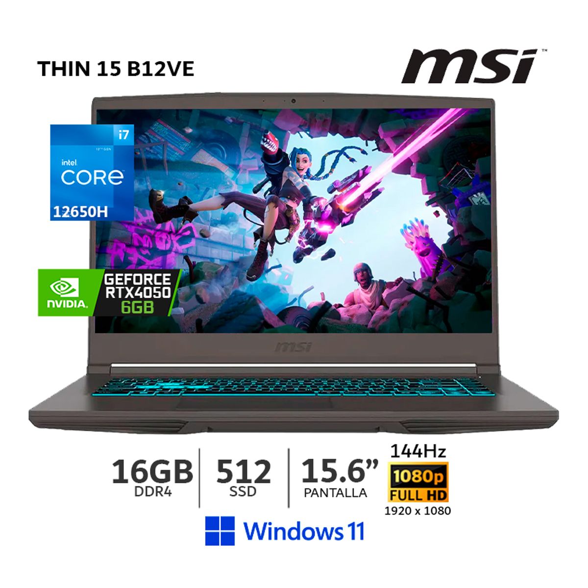 MSI - Laptop MSI Thin 15 B12VE Intel Core i5 12650H,16Gb Ram,512Gb SSD,V. RTX 4050 6Gb,15.6" FHD, Wind 11