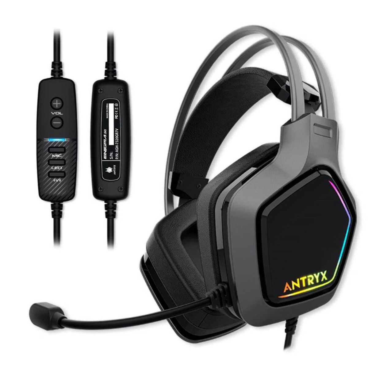 ANTRYX - AUDIFONO GAMER ENIGMA SE GRAY 7.1 VIRTUAL SURROUND RGB