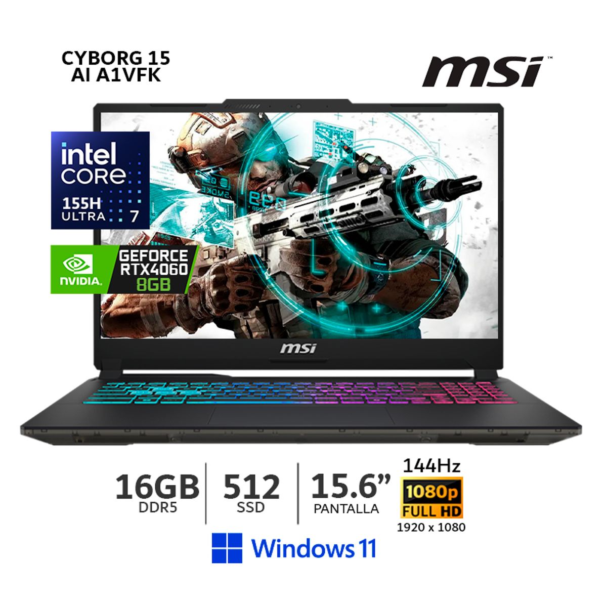 MSI - MSI Core Ultra 7-155H-Cyborg 15 AI A1VFK Gaming, 16Gb Ram,512Gb SSD, RTX 4060 8GB, Win11-15K211-210