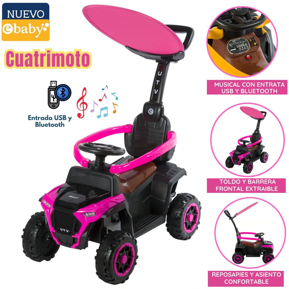 EBABY - Cuatrimoto Musical con Luces y Sombrilla Fucsia EB351
