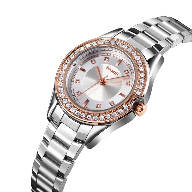 SKMEI - RELOJ SKMEI 1534 PLATEADO DETALLES ORO ROSA CORREA ACERO PARA MUJER