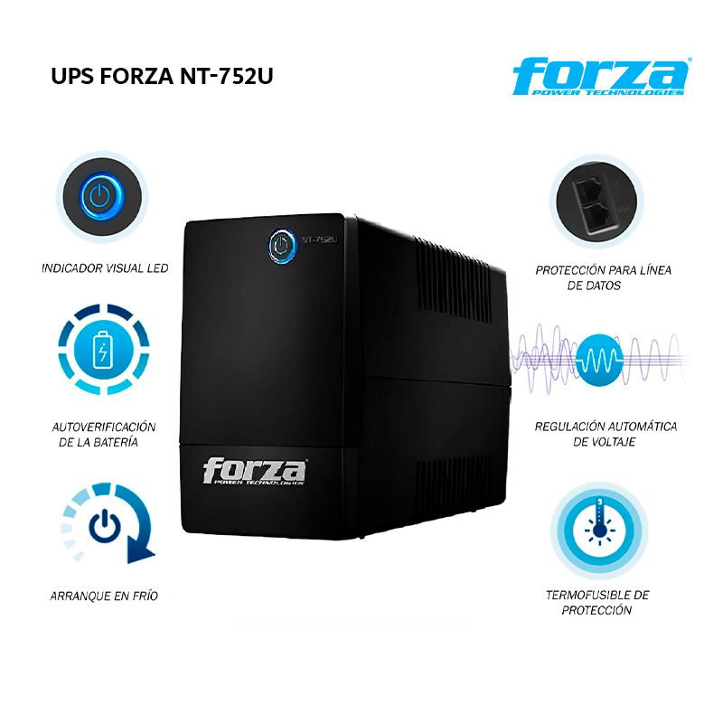 FORZA - UPS Forza NT-752U interactiva 750VA/375W, 6 slds, RJ45, torre comp-220V