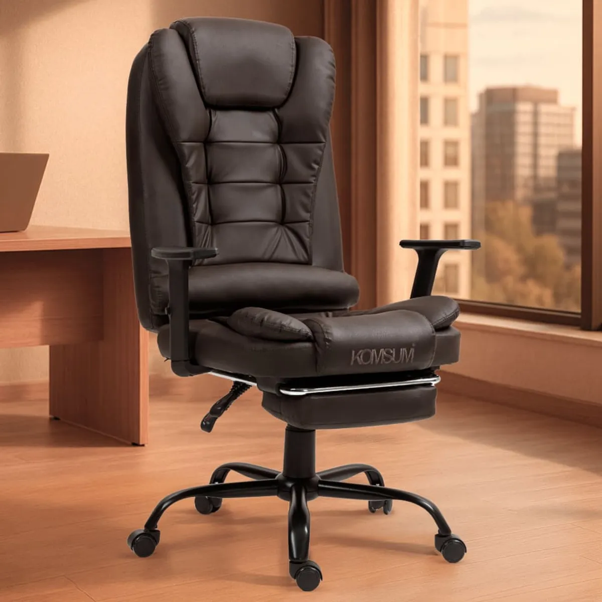 KOMSUM - Silla Ergonomica Oficina Gerencial BaseAcero Roma Komsum Marron Oscuro
