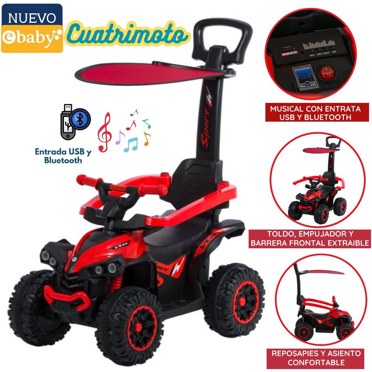 EBABY - Cuatrimoto Musical con Luces y Sombrilla ROJO EB357