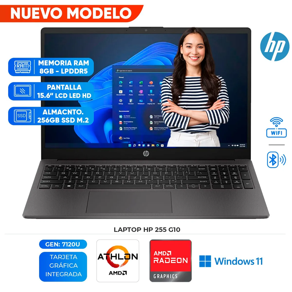 HP - Laptop HP 255 G10, AMD Athlon Silver, 8GB LPDDR5, 256GB SSD, 15.6" LCD LED HD SVA
