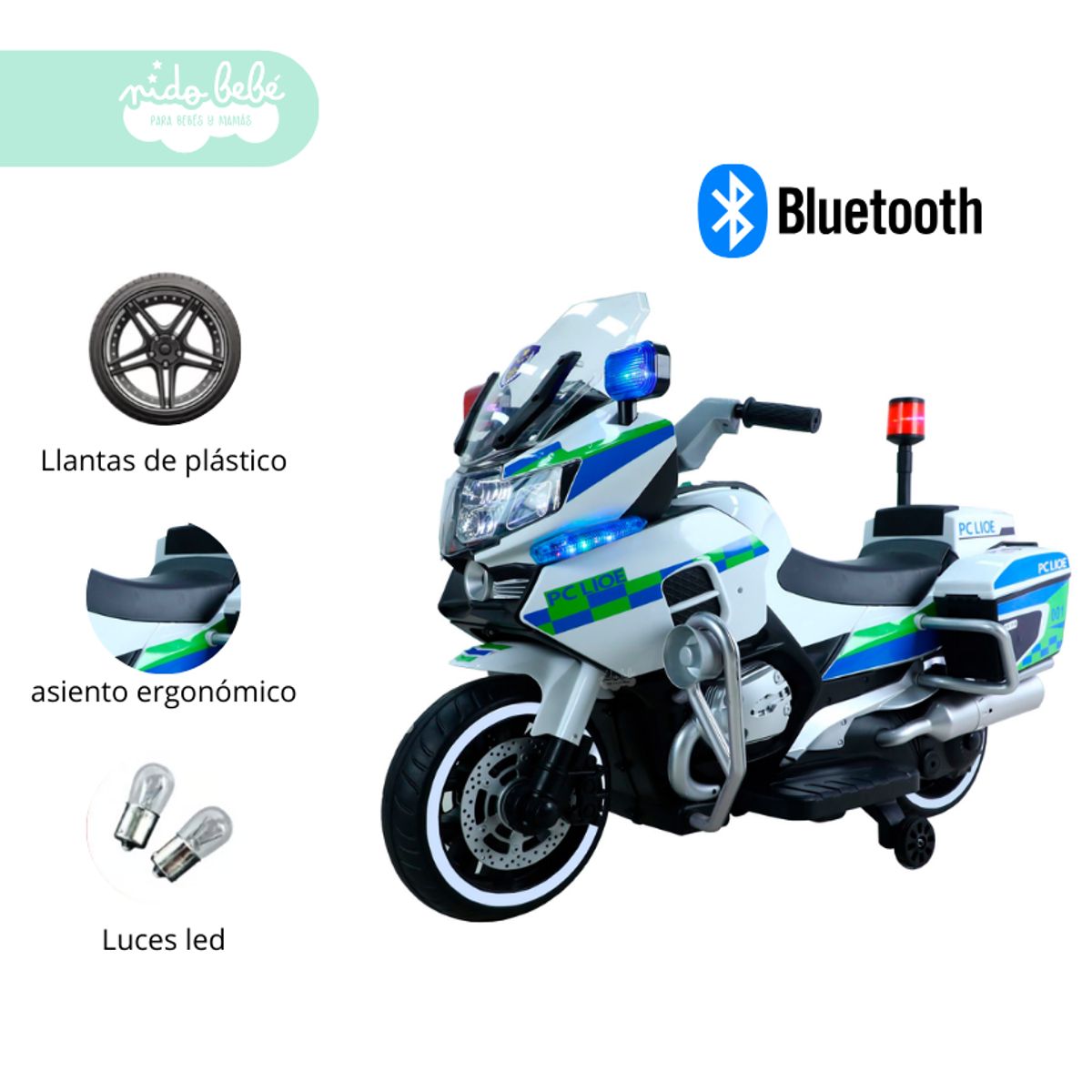 GENERICO - Moto a Bateria  Con Bluetooth Musical Police White