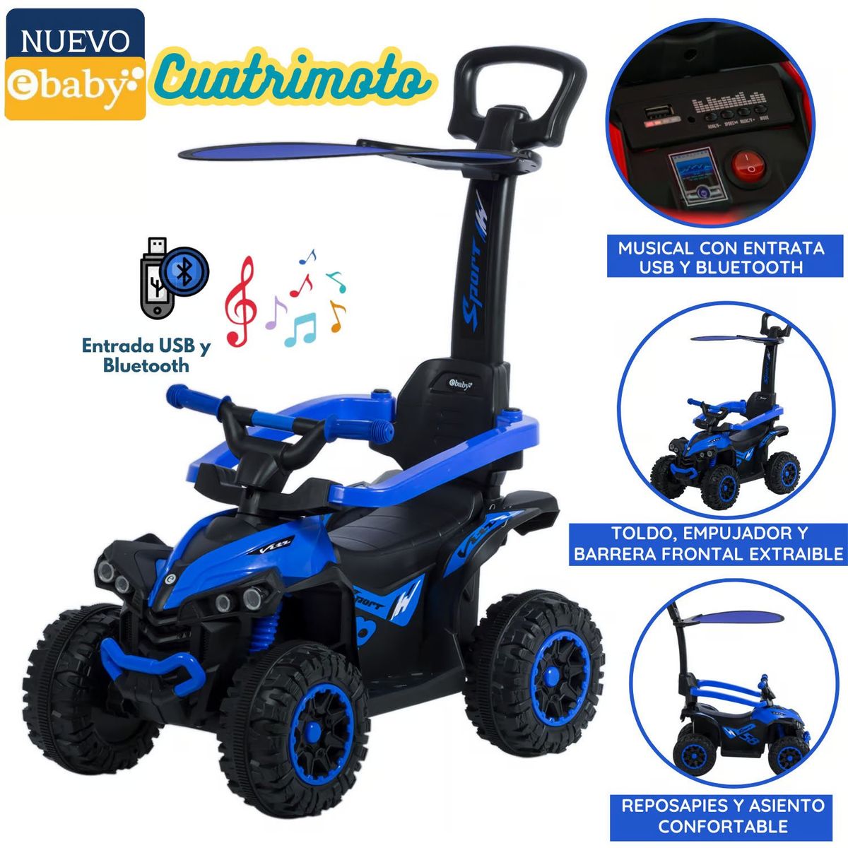 EBABY - Cuatrimoto Musical con Luces y Sombrilla Azul EB357