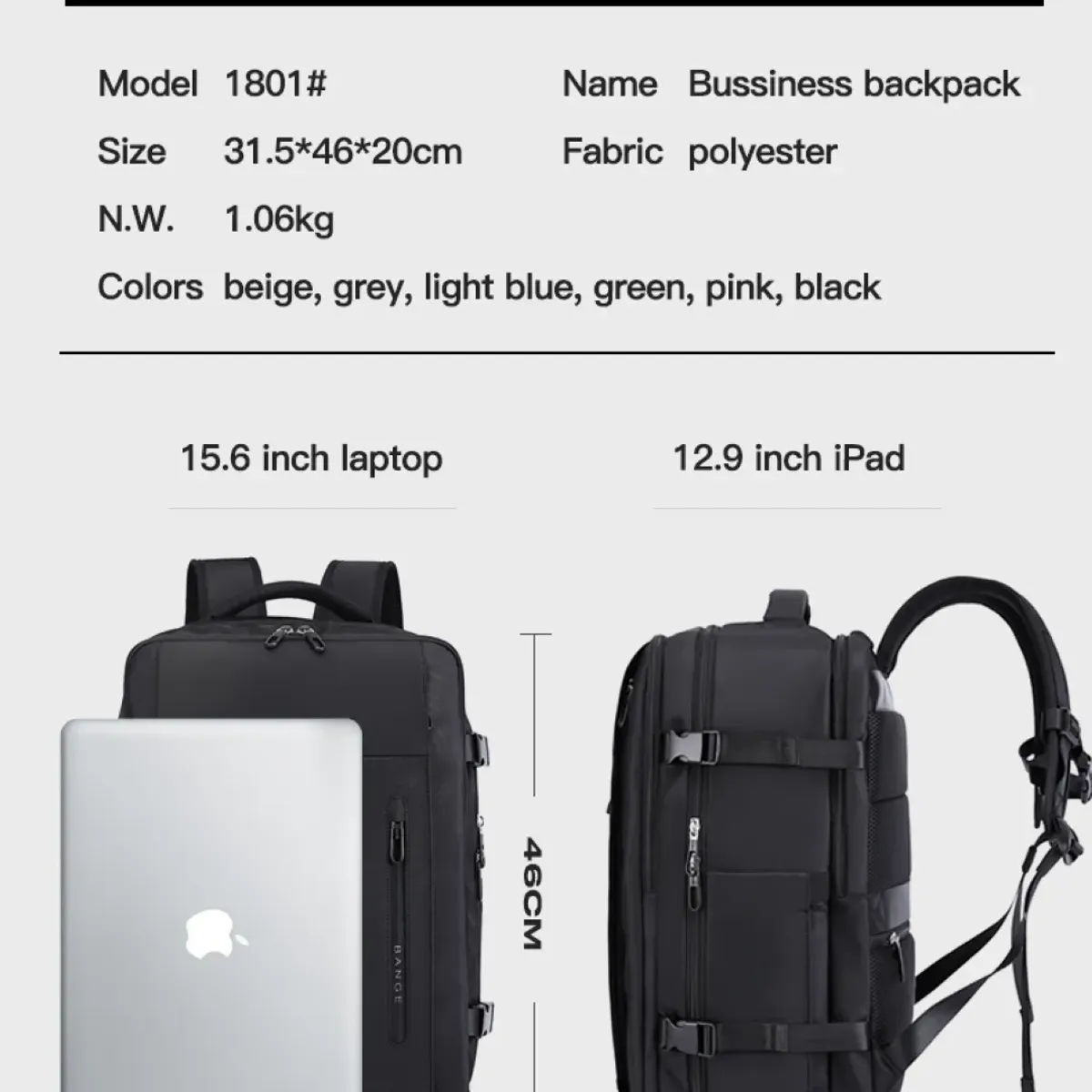 BANGE - Mochila Cabinera para Viaje Compartimiento Laptop Puerto USB - Verde