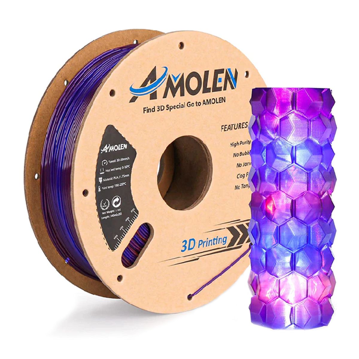 AMOLEN - Filamento Transparente PLA para impresora 3D color Azul con Morado