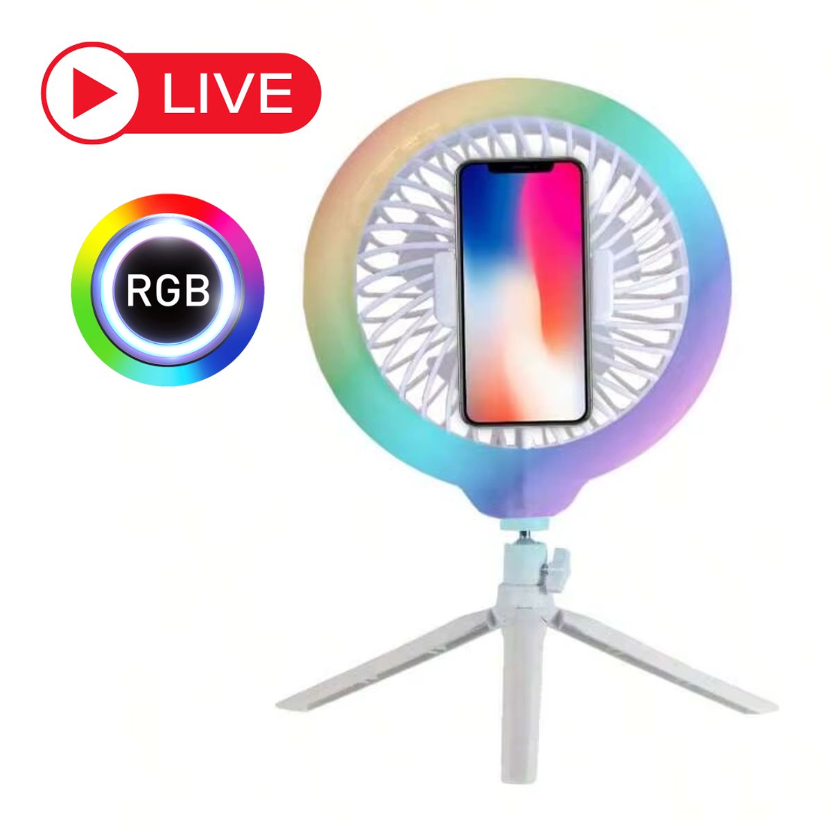 SEISA - Ventilador con Aro de Luz Led 26cm  Holder Celular + Tripode Live Streaming