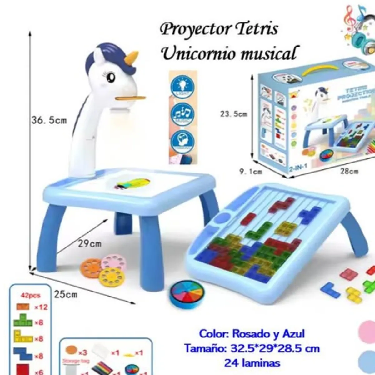 GENERICO - Mesa de Dibujo Unicornio Tetris 2 en 1 Musical Azul
