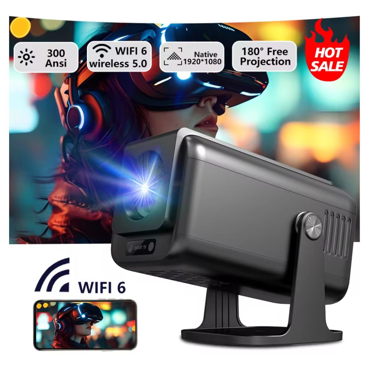 SEISA - Proyector Smart Wifi 6 Bluetooth portátil V1 4K Android 13
