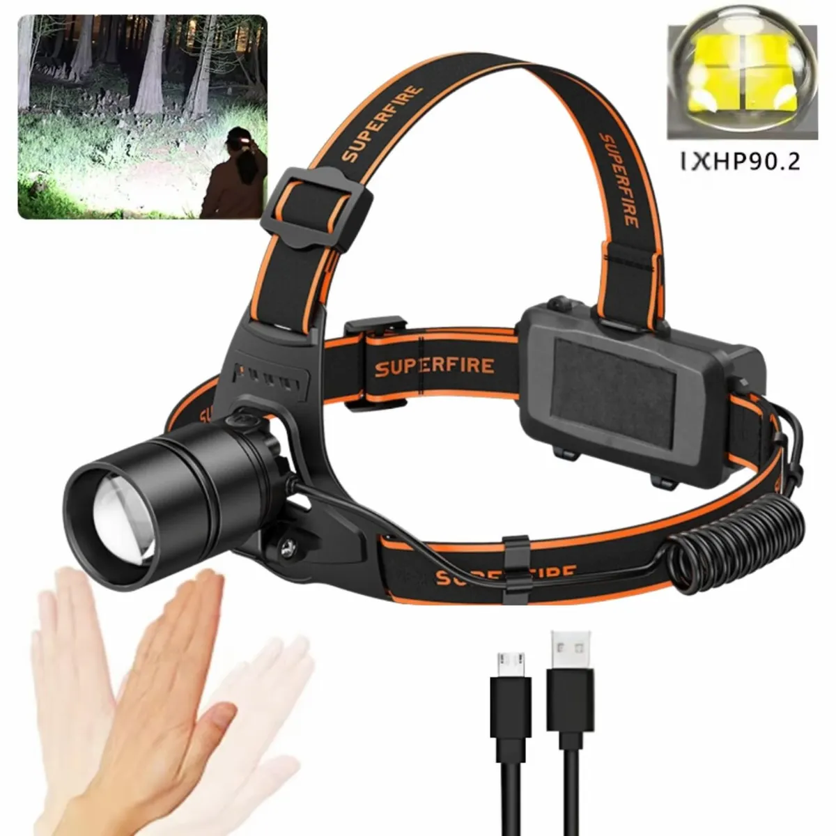 OEM - Linterna de cabeza frontal Recargable Profesional  Sensor Inteligente