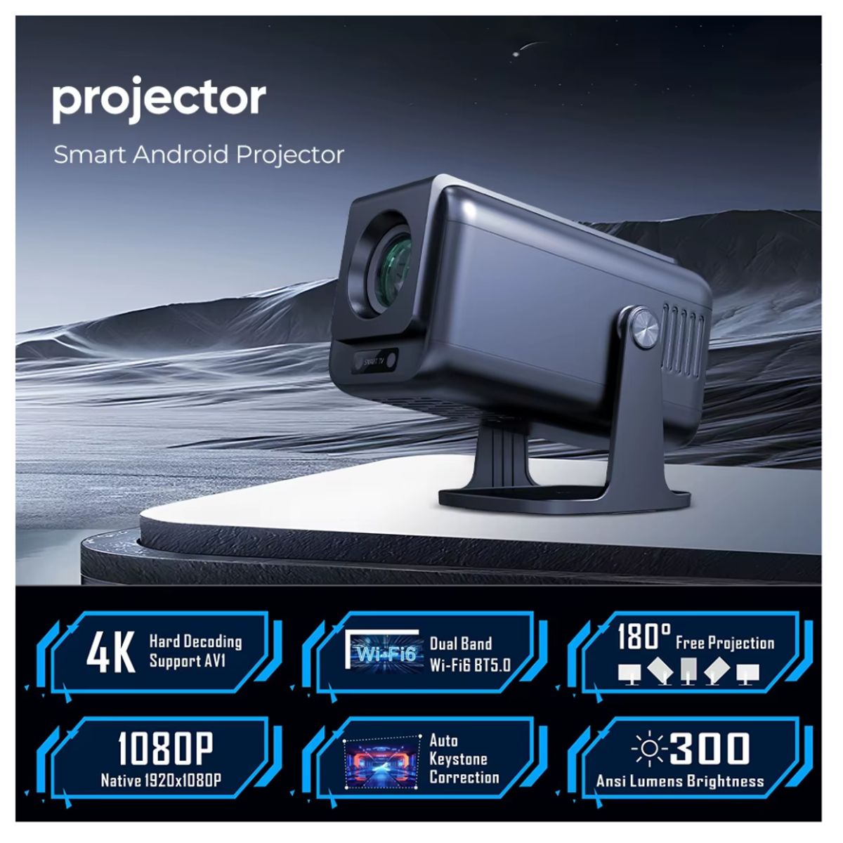 SEISA - Proyector Smart Wifi 6 Bluetooth portátil V1 4K Android 13