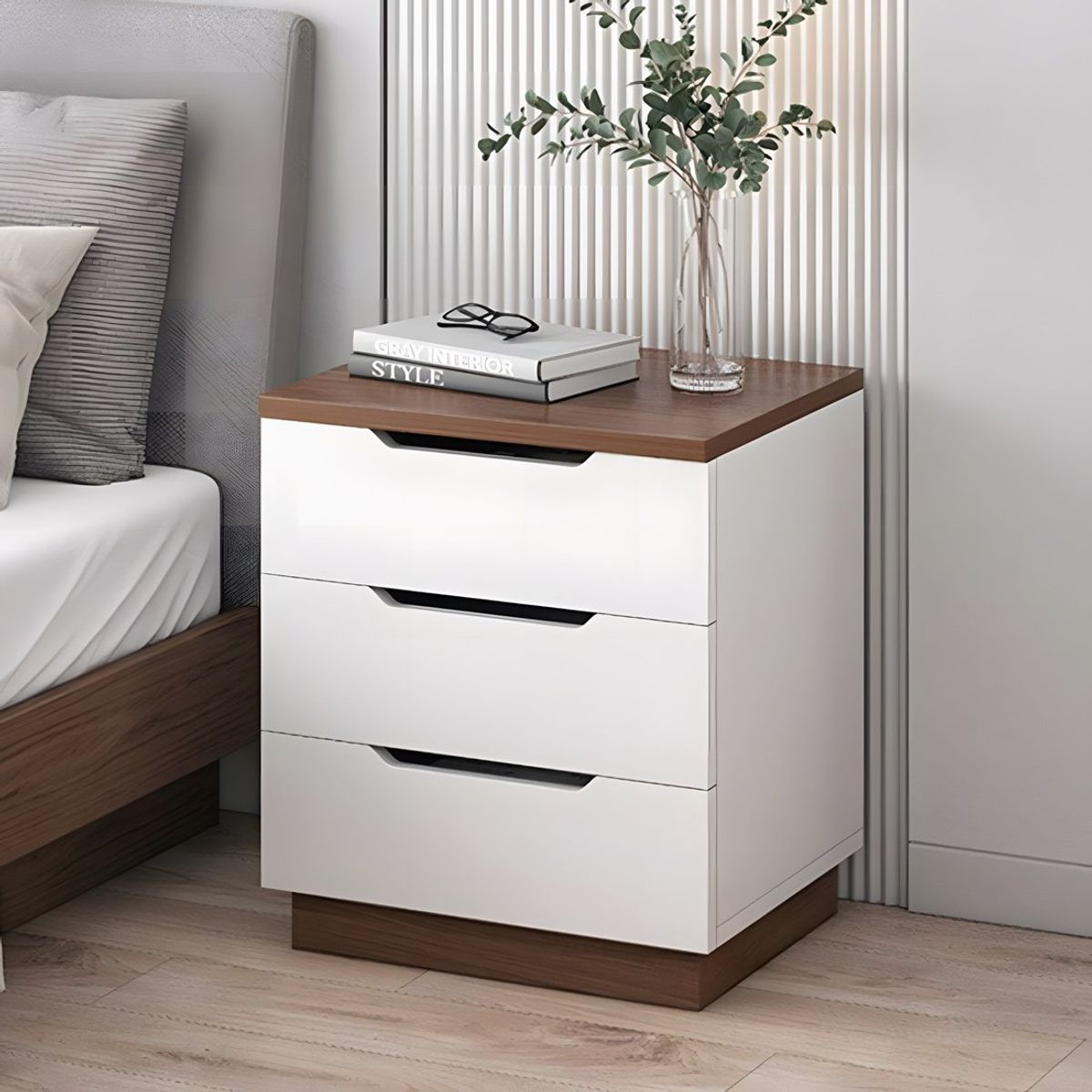 GENERICO - Velador Mesa de Noche Verona 3 Cajones Blanco y Bellota Huk