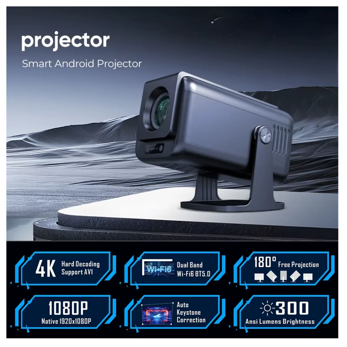 SEISA - Proyector Smart Wifi 6 Bluetooth portátil V1 4K Android 13
