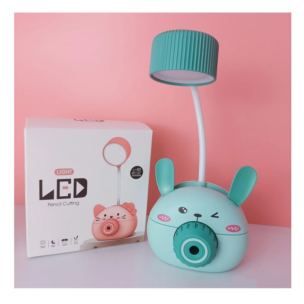 GENERICO - Lampara Led con Portalápiz Infantil Conejito Verde con Sacapuntas