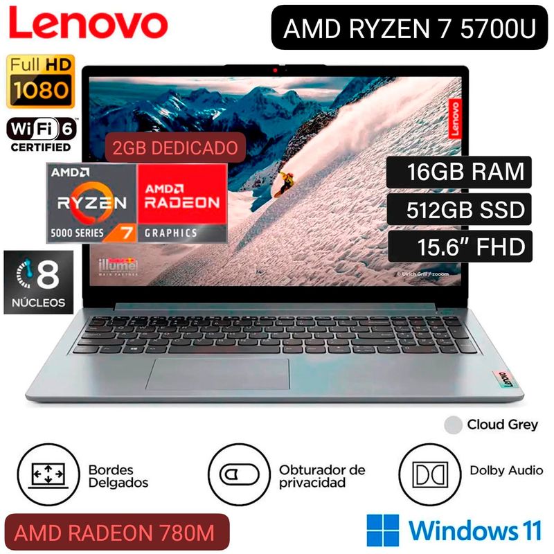 LENOVO - Laptop Lenodo Ideapad 1 15ALC7 82R400ACLM 15.6" FHD AMD RYZEN 7 5700U 16GB RAM 512GB SSD W11