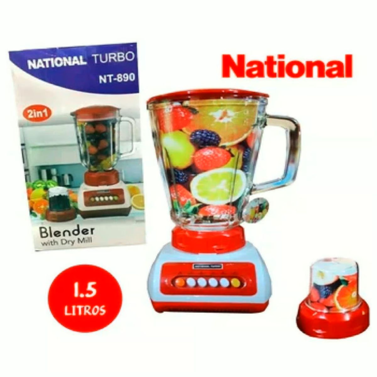 NATIONAL - Licuadora National Turbo con Doble Vaso de Vidrio Templado 900W Rojo