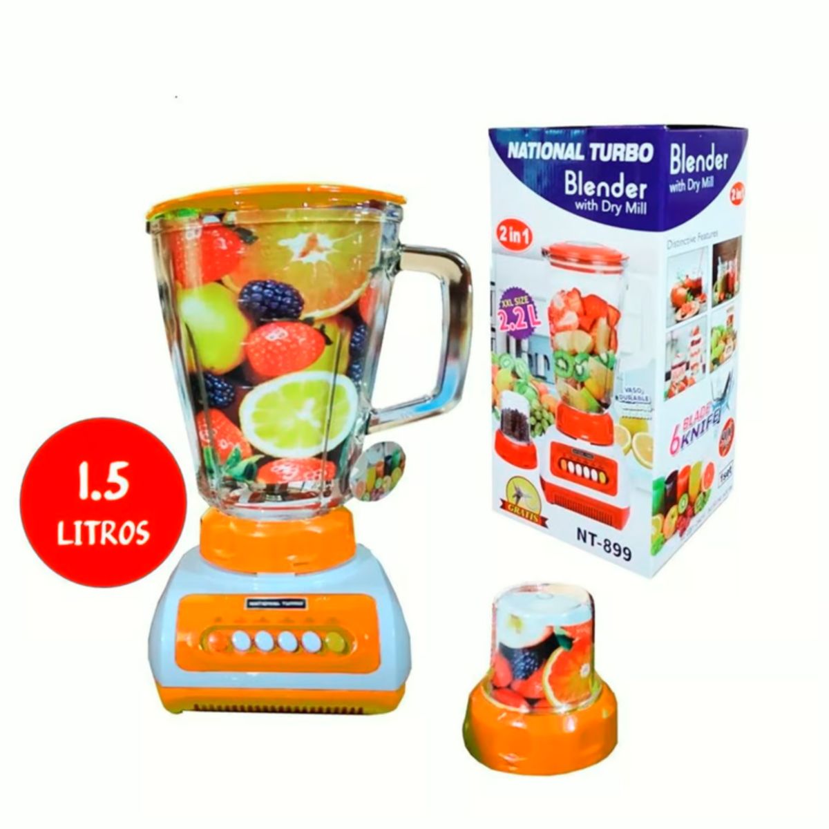 NATIONAL - Licuadora National Turbo con Doble Vaso de Vidrio Templado 900W Naranja