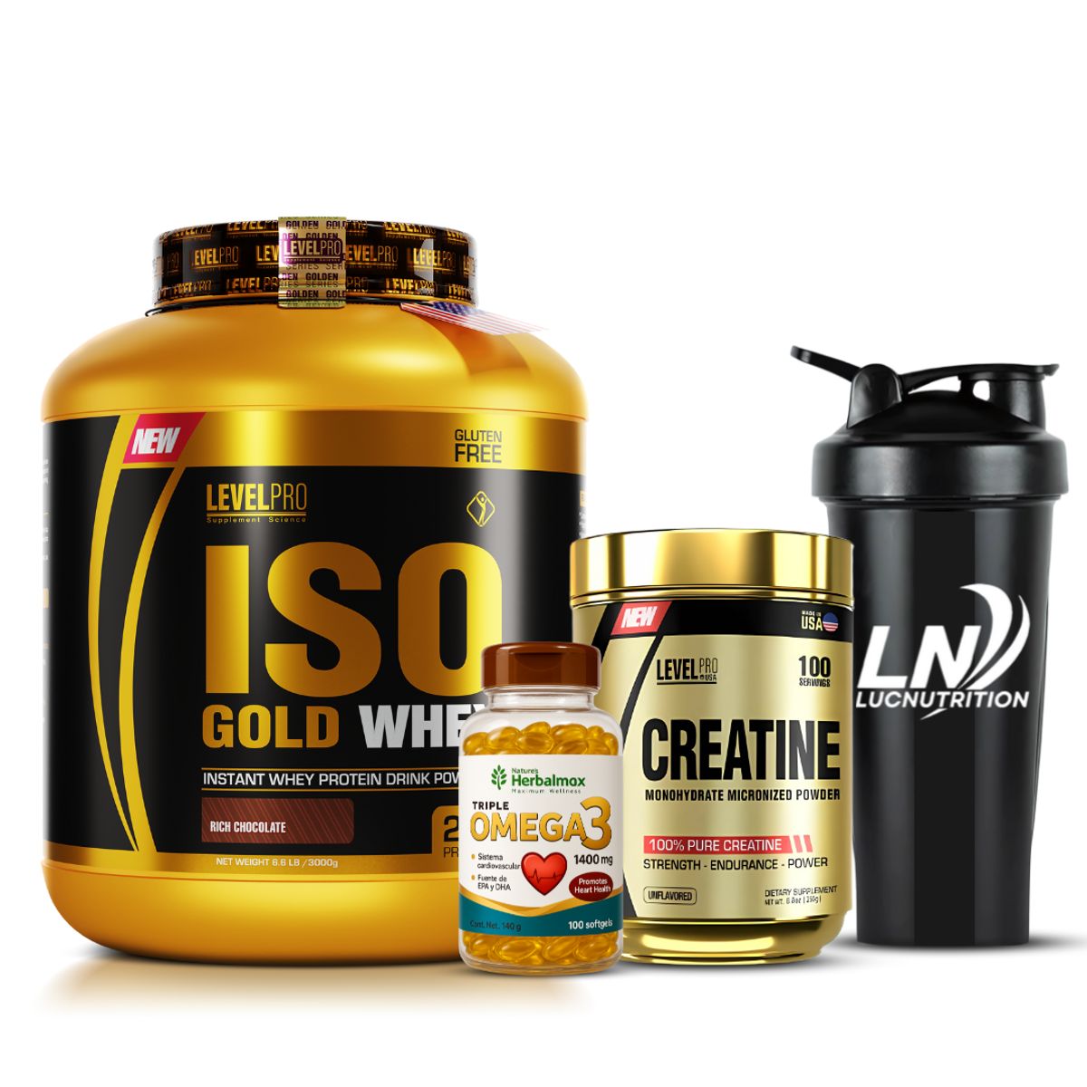 LEVEL PRO - Iso Gold whey 3 kg Chocolate + Creatina level pro 250 g + Omega 3 herbalmax 100 cap + shaker
