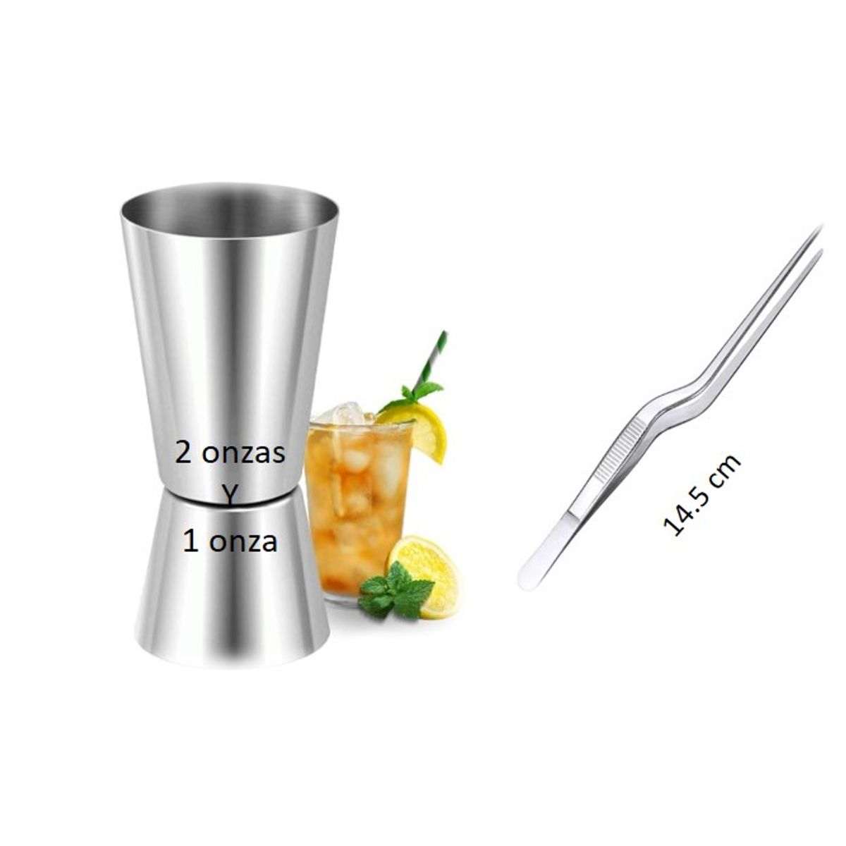 GENERICO - Pack Vaso Medidor doble 1 y 2 Onzas + Pinza Coctelera