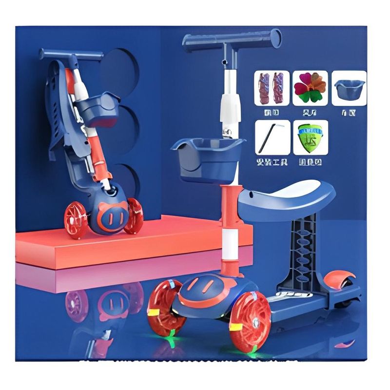 SCOOTER - Scooter Niños Ajustable Azul Asiento Luces Música Canasta