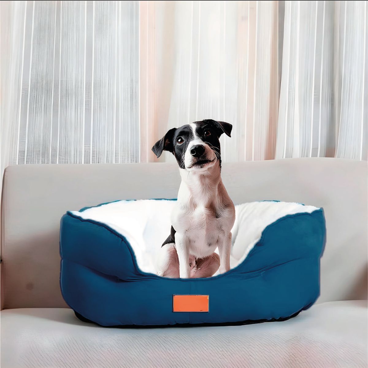S&T - Cama Para Perros Acolchado Suede Azul Blanco - Talla M