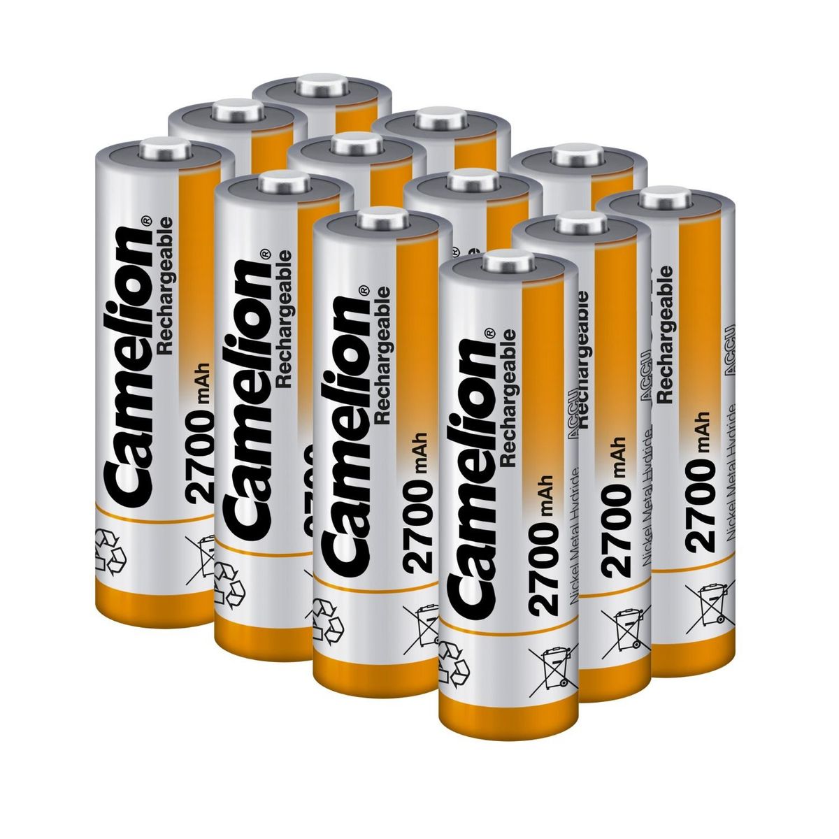 CAMELION - Paquete de 12 unidades Pilas recargables AA de NiMH, 2700 mAh 1.2 V