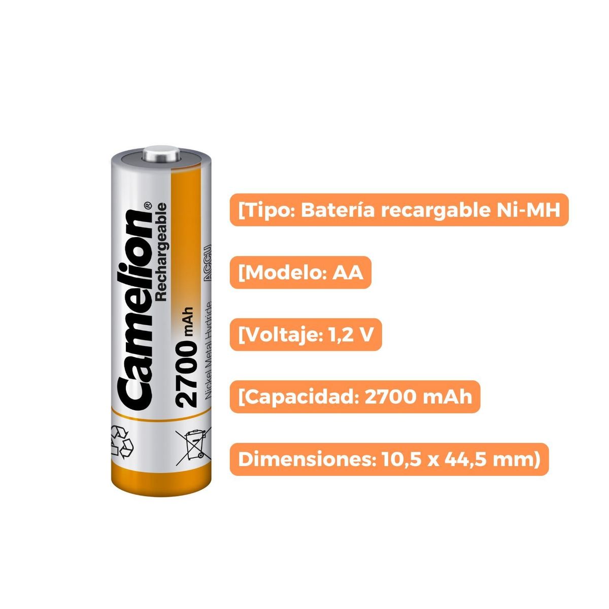 CAMELION - 4 Pilas recargables AA de NiMH, 2700 mAh 1.2 V, con cargador