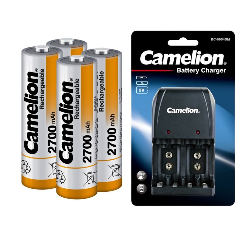 CAMELION - Paquete de 4 Pilas recargables AA de NiMH, 2700 mAh 1.2 V + Cargador