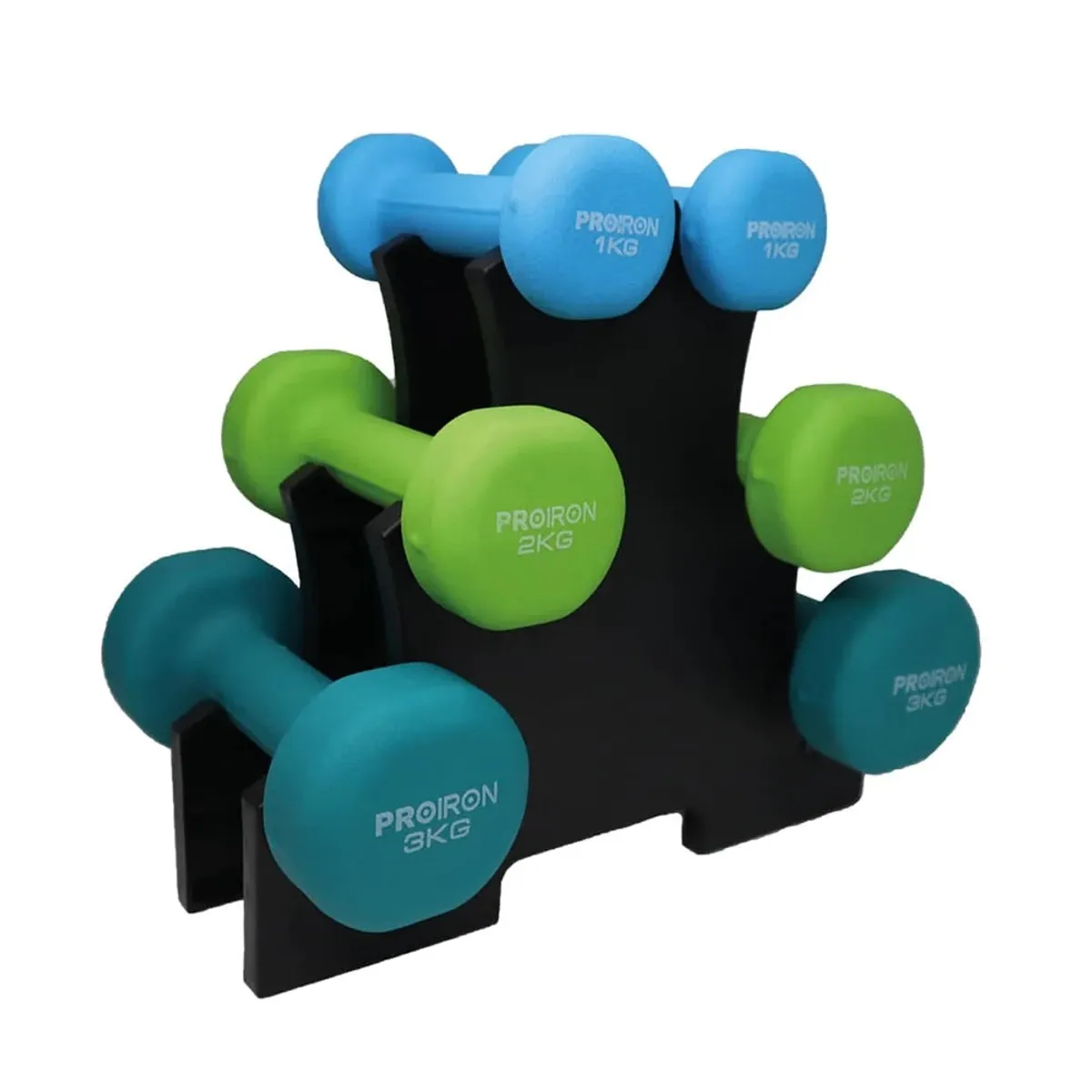 PROIRON - Set de Mancuernas de Neopreno de 1KG 2KG y 3KG celeste+ Rack