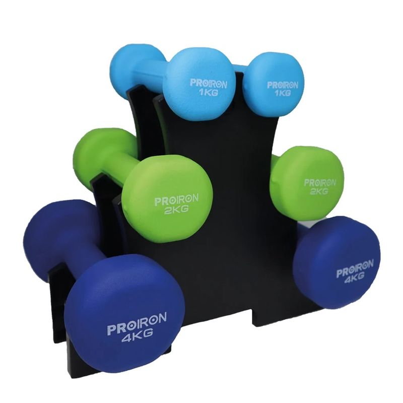 PROIRON - Set de Mancuernas de Neopreno de 1KG Celeste 2KG Y 4KG+Rack