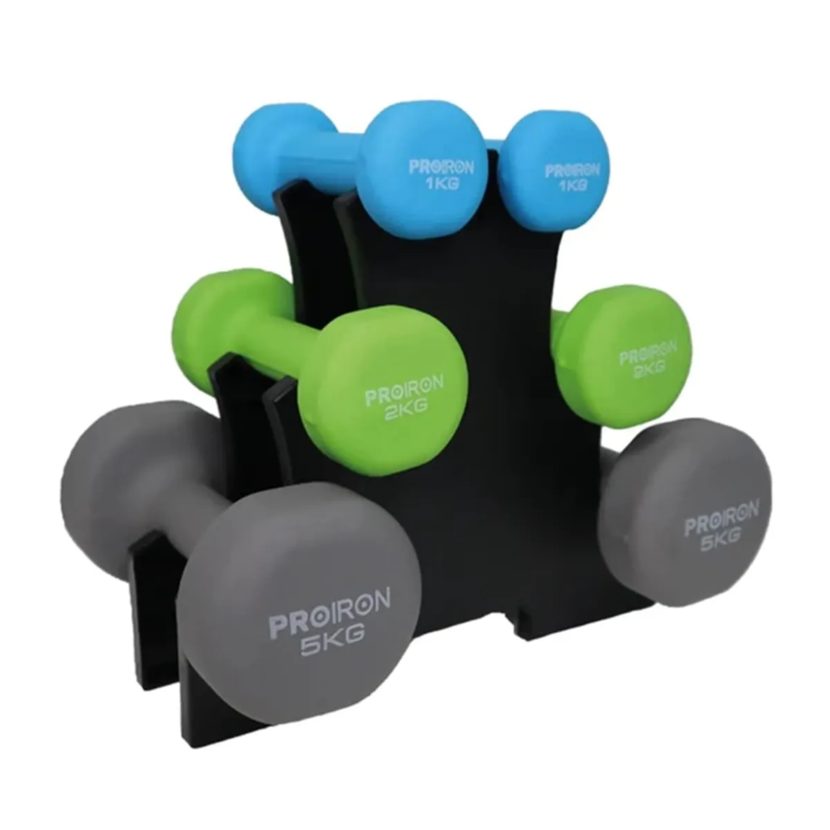 PROIRON - Set de mancuernas de neopreno de 1KG Celeste 2KG Y 5KG + Rack