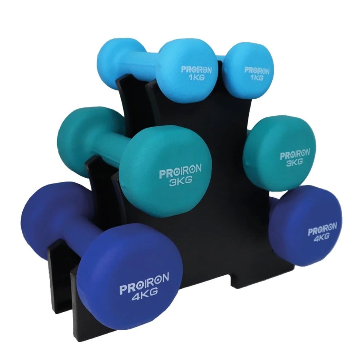 PROIRON - Set de mancuernas de neopreno de 1KG Celeste 3KG Y 4KG + Rack