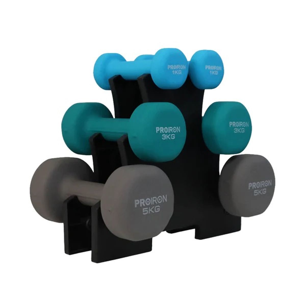 PROIRON - Set de mancuernas de neopreno de 1KG Celeste 3KG Y 5KG + Rack