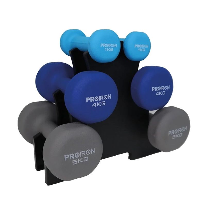 PROIRON - Set de mancuernas de neopreno de 1KG Celeste 4KG Y 5KG+Rack