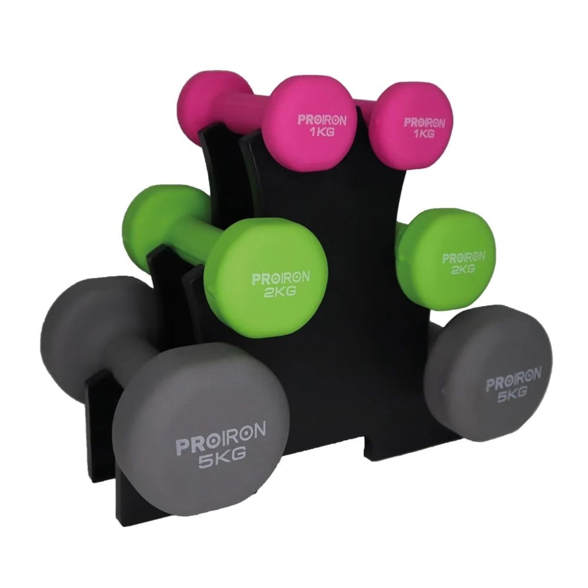 PROIRON - Set de mancuernas de neopreno de 1KG Rosado 2KG Y 5KG + Rack