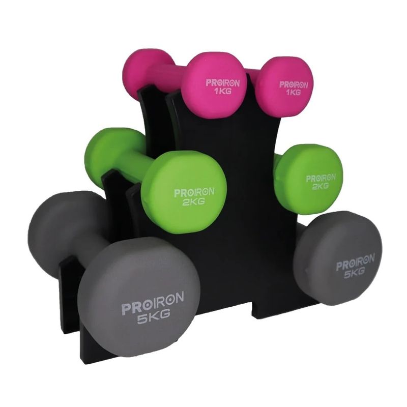 PROIRON - Set de mancuernas de neopreno de 1KG Rosado 2KG Y 5KG + Rack