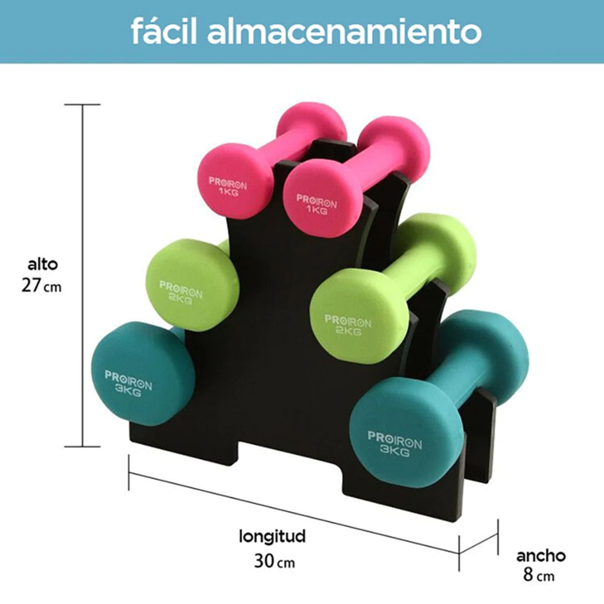 PROIRON - Set de mancuernas de neopreno de 1KG Rosado 3KG Y 4KG + Rack
