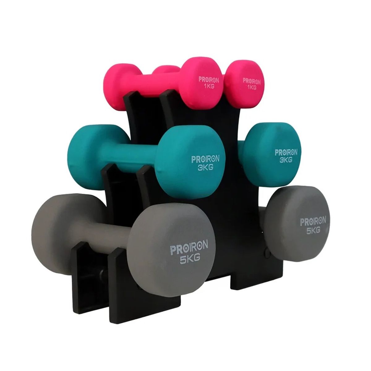 PROIRON - Set de mancuernas de neopreno de 1KG Rosado 3KG Y 5KG + Rack