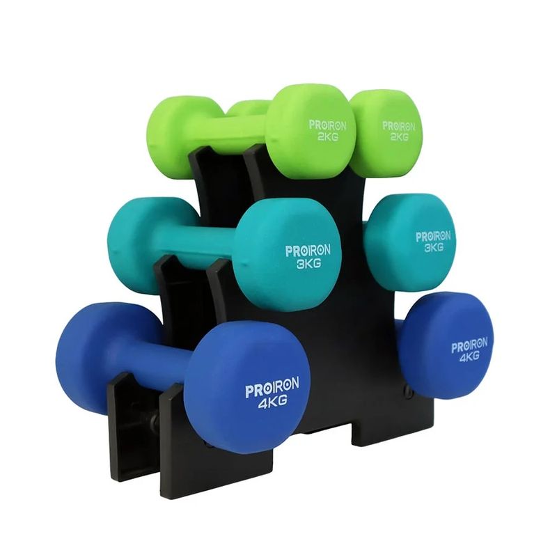 PROIRON - Set de mancuernas de neopreno de 2KG 3KG Y 4KG + Rack