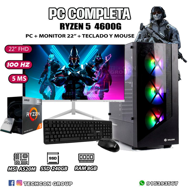 AMD - Computadora PC Completa Ryzen 5 4600G RAM 8GB DISCO SSD 240GB MONITOR 22" FHD