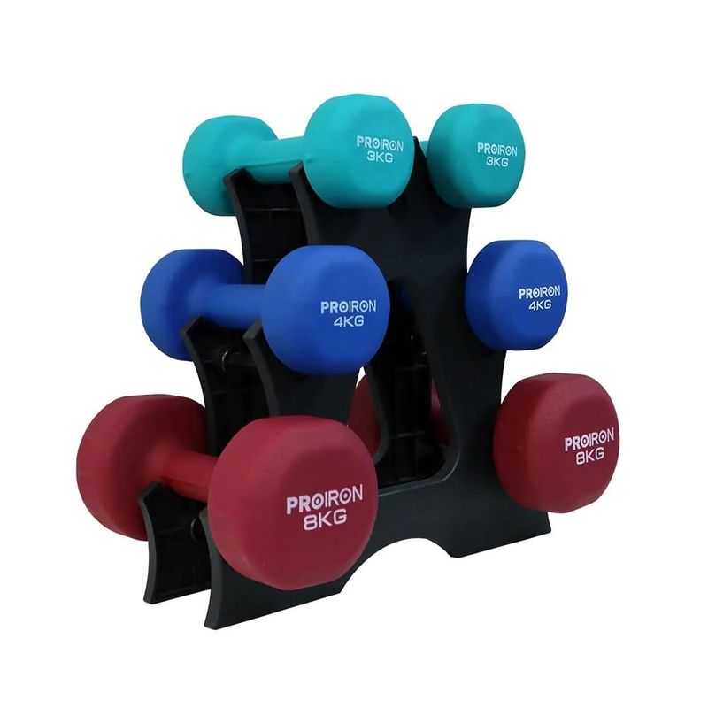 PROIRON - Set de mancuernas de neopreno de 3KG 4KG Y 8KG + Rack