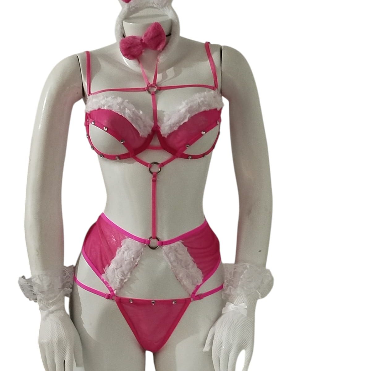 GENERICO - DISFRAZ DE CONEJA TRANSLUCIDO COLOR FUCCIA LENCERIA BODY TALLA S-M-L