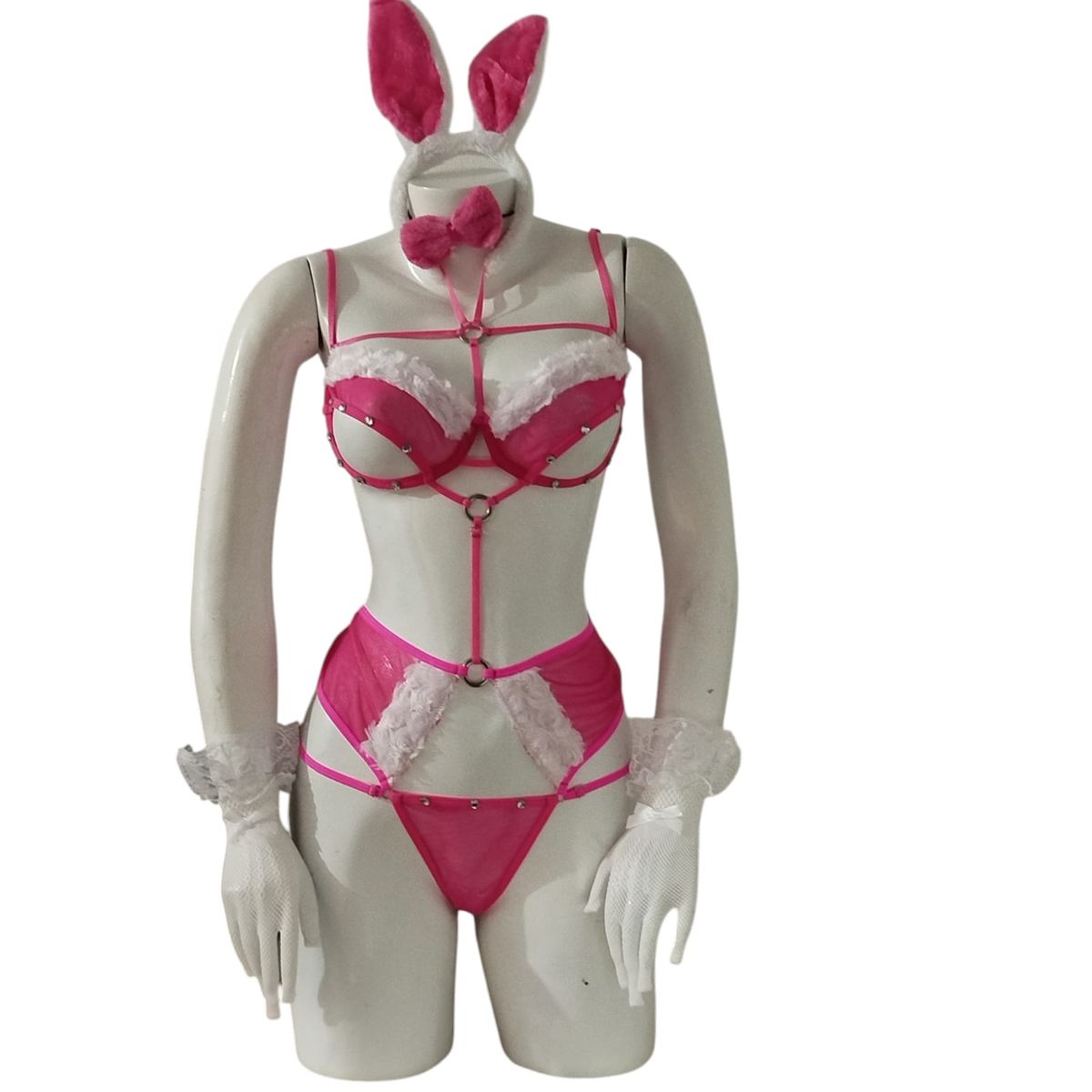 GENERICO - DISFRAZ DE CONEJA TRANSLUCIDO COLOR FUCCIA LENCERIA BODY TALLA S-M-L