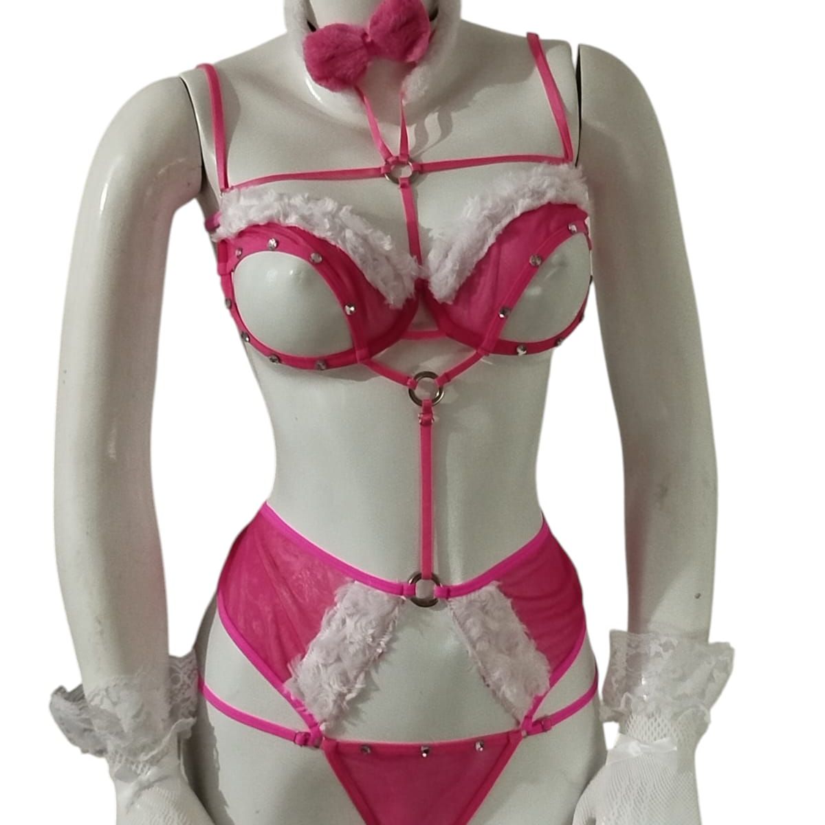 GENERICO - DISFRAZ DE CONEJA TRANSLUCIDO COLOR FUCCIA LENCERIA BODY TALLA S-M-L