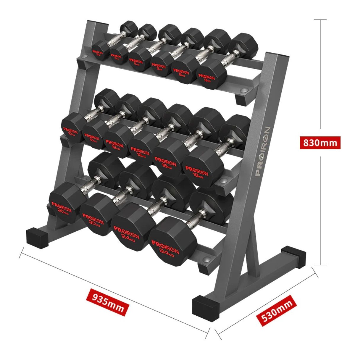 PROIRON - Set de mancuernas dodecagonales de 148KG + Rack de Acero