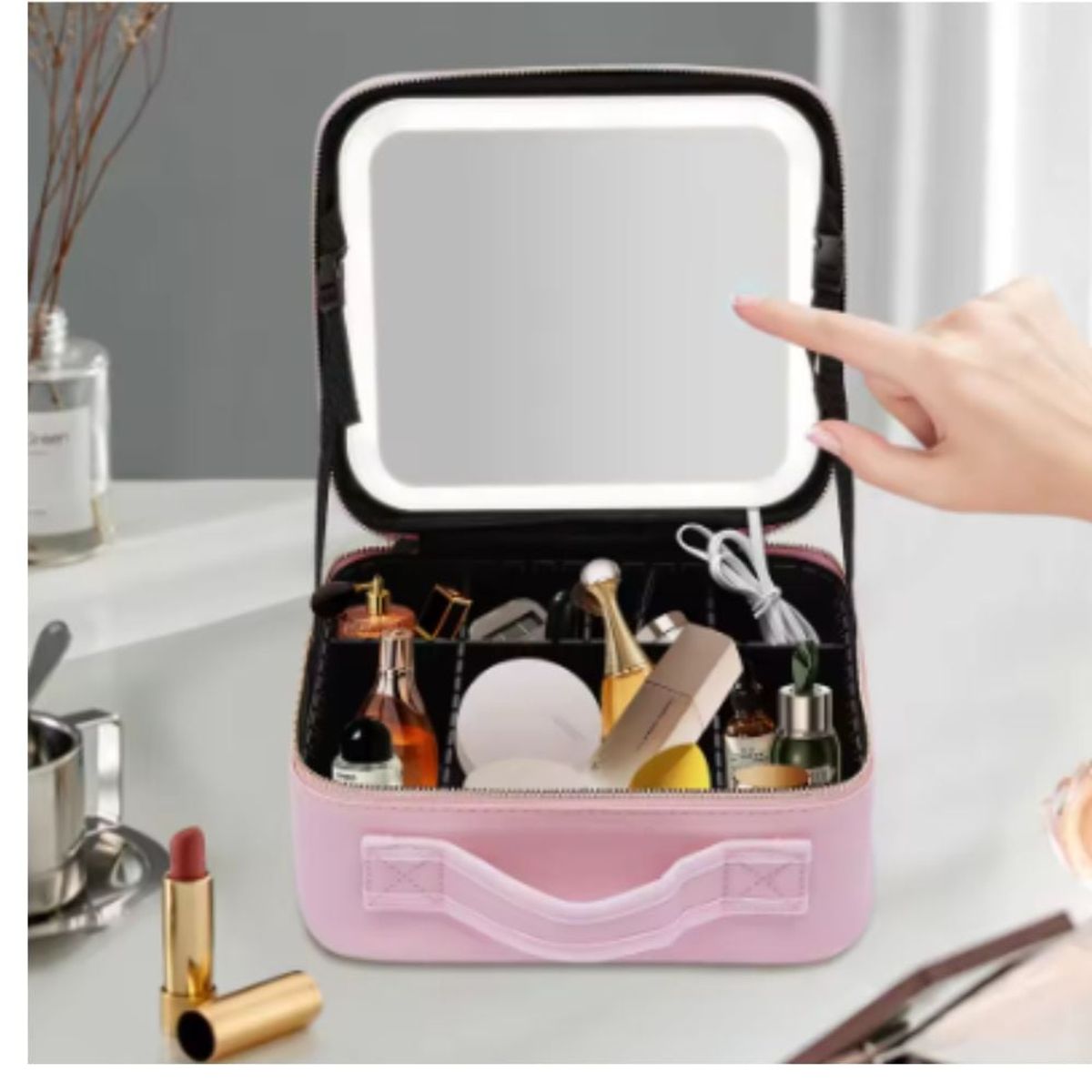 GENERICO - Maletin organizador de maquillaje joyas con espejo de luz LED