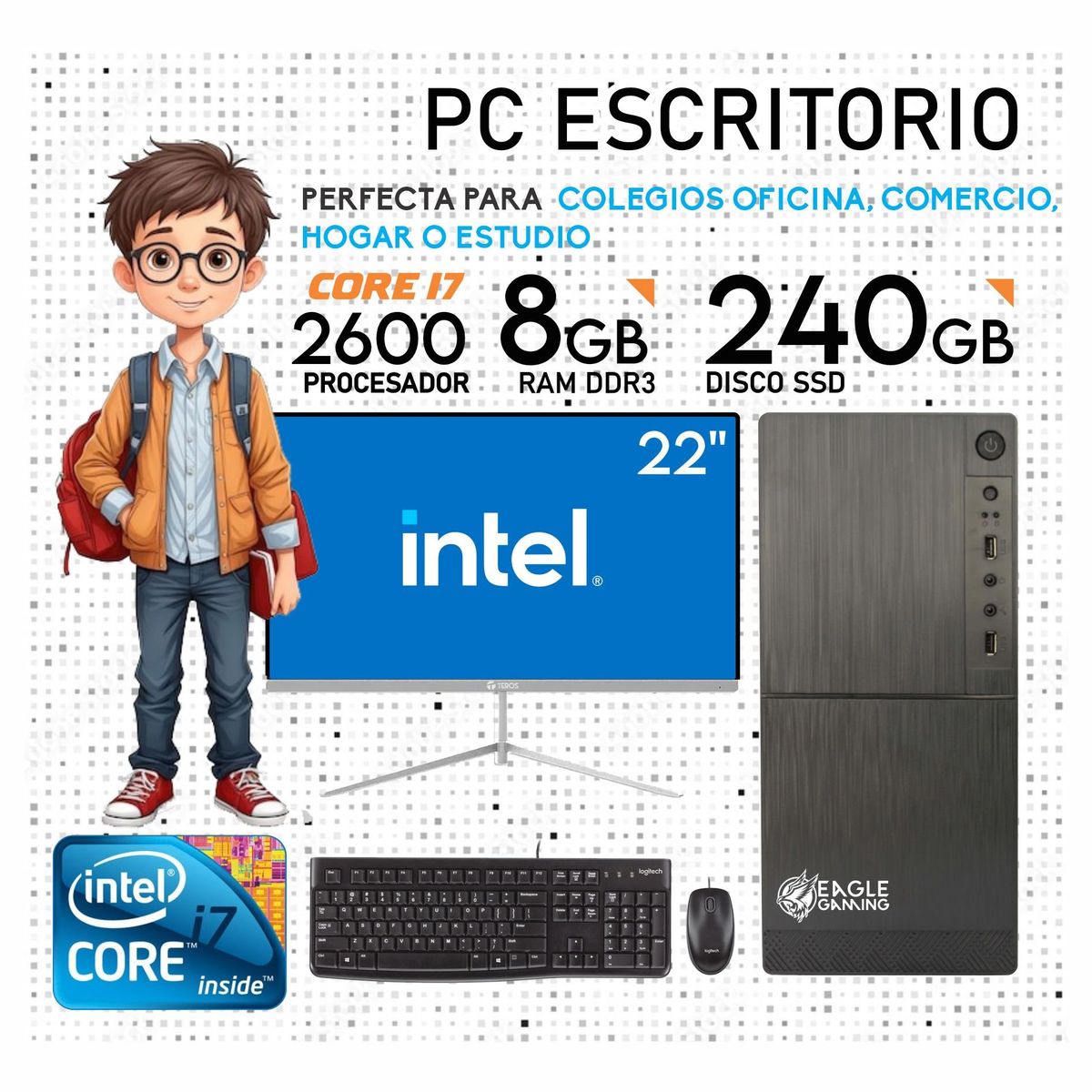 INTEL - Computadora PC Intel Core i7 2DA GEN RAM 8GB SSD 240GB Monitor 22 FHD